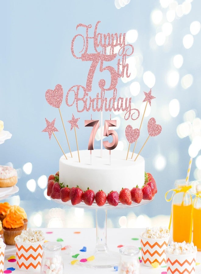Lecferrarc 75th Birthday Cake Decorations, 75th Birthday Candles Cake Numeral Candles and Glitter Happy 75th Birthday Cake Toppers Set for Birthday Party Supplies (Rose Gold) - Image 3